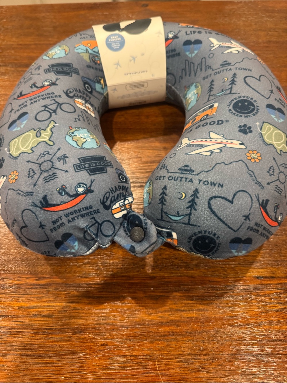 Life Is Good Blue Travel Neck Pillow with fun adventure design! Cute comfy cool!